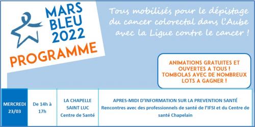  Mars Bleu 2022 : Journée Dépistage du Cancer Colorectal (La Chapelle Saint Luc, 10, Aube)