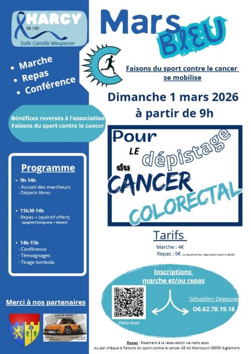 Mars Bleu 2026 : Marches pour le dépistage du cancer colorectale (Dimanche 1er mars, Harcy, Ardennes)